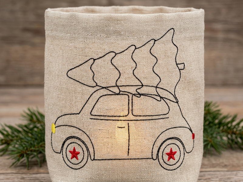 Retro Auto Weihnachts Set - redwork Stickdatei